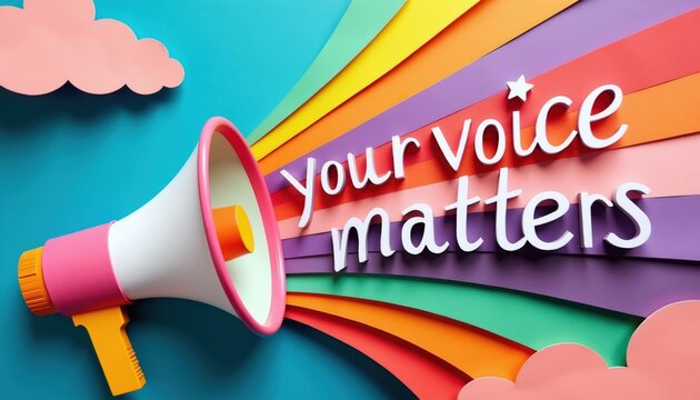 Colorful paper art megaphone makes announcement your voice matters. Loudspeaker radiates rainbow colors clouds. Message of empowerment diversity and free expression.