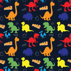 Cute Dinosaur Seamless Pattern with T-Rex, Brontosaurus and Roar Typography   Kids Vector Background © Junedgfxart