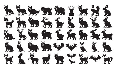 Fototapeta premium Collection of various wild animal silhouettes including foxes, rabbits, deer, and bats arranged in a grid pattern on a white background, for and usage purposes