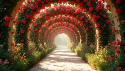 Fototapeta premium Stone pathway leads through symmetrical archway tunnel covered with lush green vines and vibrant red roses. Sunlight filters through foliage creating a romantic garden scene.
