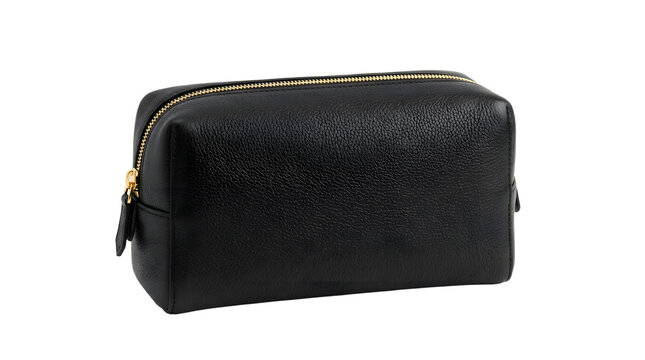 Black Leather Toiletry Bag: A sleek, rectangular black leather toiletry bag with a gold zipper stands ready for travel, offering a blend of functionality and sophisticated style.