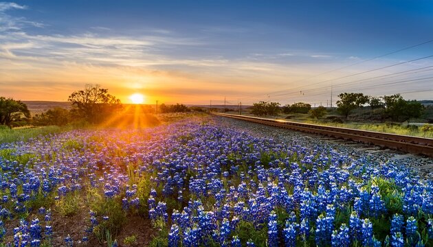 Sunset Over Railway Bluebonnet Flowers