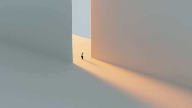 Person stands in minimal space with soft light