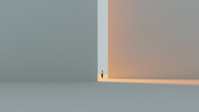 Person stands in minimal space with soft light