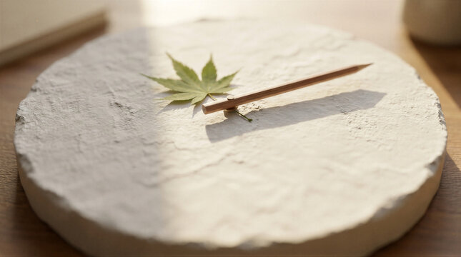 Clock made of a stone circle with a wooden pencil as a hand and a green leaf. Conceptual representation of time management, deadline, business punctuality and sustainable work ethics
