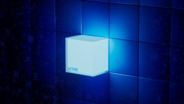 Glowing cube in dark space with light and digital elements