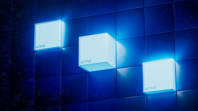 Glowing cube in dark space with light and digital elements