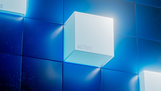 Glowing cube in dark space with light and digital elements