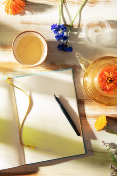Mindful journaling with herbal tea in sunny al fresco