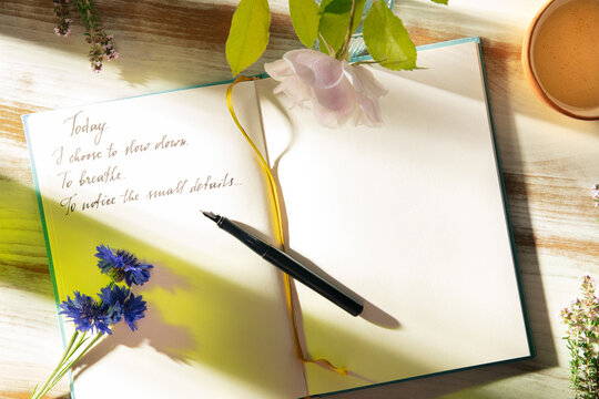Mindful al fresco journaling with herbal tea and sunlight