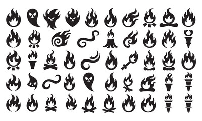 Obraz premium Set of black silhouette representing various fire flames, campfires, torches, and spooky ghost shapes arranged in a grid pattern isolated on a white background
