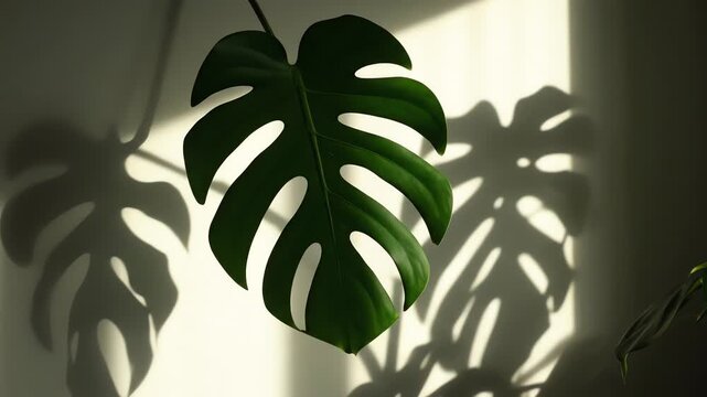 A bright green monstera leaf casting a shadow on a stark white wall in sunlight
