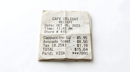 Fototapeta premium Coffee Shop Receipt: A crumpled receipt from a coffee shop details a cappuccino and avocado toast purchase, showing the date, time, and total cost.