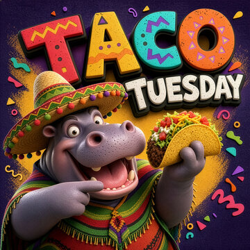 Joyful 3D hippo in sombrero and poncho holds taco points excitedly with open mouth big eyes on colorful festive TACO TUESDAY background