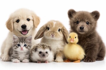 Fototapeta premium Different baby animals that are connected to each other and radiate serenity and curiosity, cute baby animals, dog, cat, hare, hedgehog, bear and duck group picture, AI generated