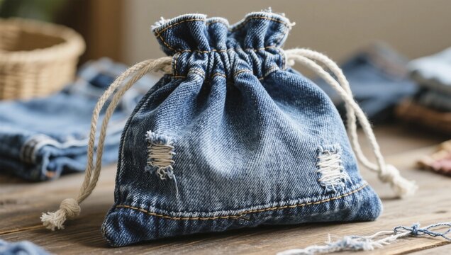 Rustic denim bag with worn look and drawstring closure, DIY, upsycling old jeans, AI generated