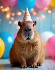Fototapeta premium Capybara wears party hat indoors. Colorful balloons and lights create festive mood. Cute mammal sits for birthday celebration. Adorable animal enjoys special event.