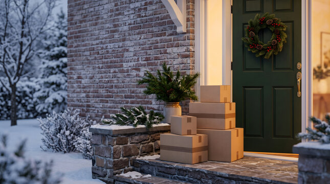 Cardboard boxes stacked on snowy porch with Christmas wreath