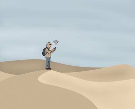 Person alone in desert using smartphone, digital addiction