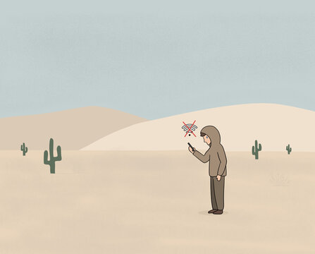 Person checking phone in desert, digital addiction concept