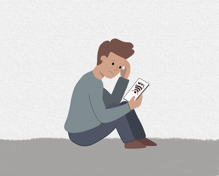 Stressed man with phone showing no wi fi connection sign