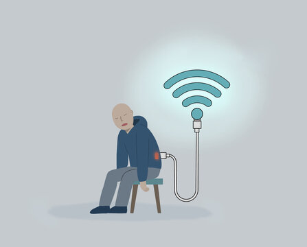 Digital addiction concept with person plugged into wifi