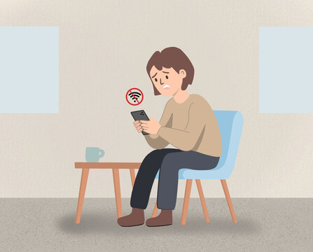Sad woman checks phone with no wi fi sign, anxiety mood