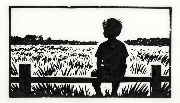 Linocut print of a boy&rsquo;s silhouette sitting on a wooden fence, gazing at a grassy field with distant trees