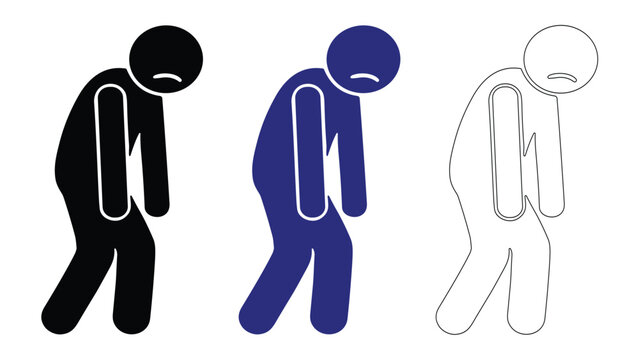 Sad and exhausted stickman icon set showing fatigue, depression, and burnout. Tired worker or person vector illustration in silhouette, colored, and outline style.