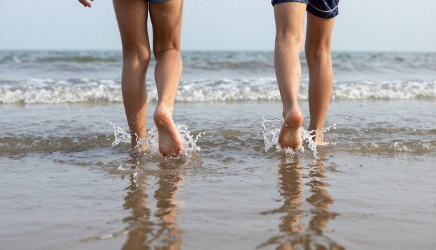 Bare feet of two children walking in shallow water, relaxed mood, enjoying seaside moment, against calm ocean and sandy shore backdrop