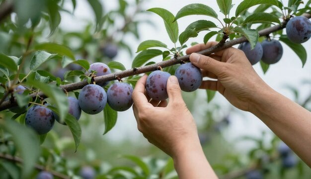 Harvesting ripe plums from the tree.