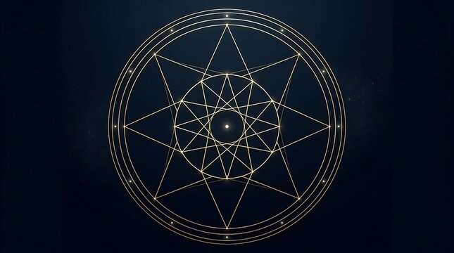 Golden geometric star and circles on dark blue background mystical sacred geometry illustration