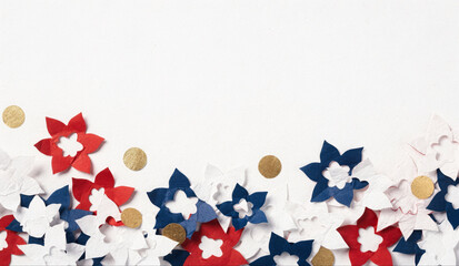 Obraz premium Red White and Blue Paper Flowers Border with Gold Confetti