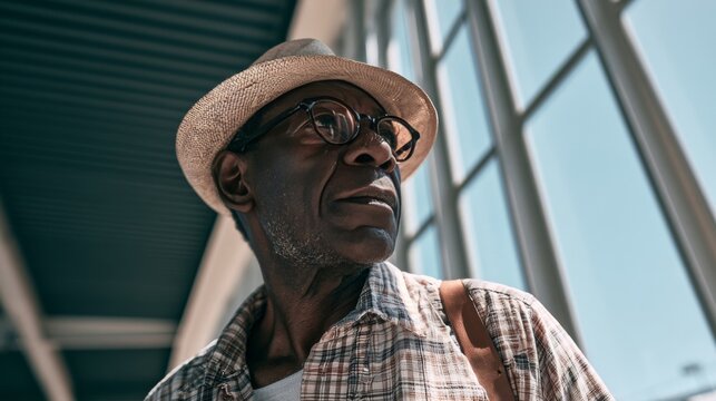 Elderly Black man wearing a hat and glasses looking thoughtfully out a window