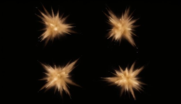 Four distinct bursts of golden brown powder explode outwards in a dynamic high-speed photography sequence against a stark black background showcasing motion and energy