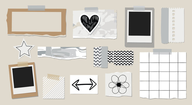 Scrapbook Paper Elements Vector Illustration Design Featuring Torn Paper Frames And Decorative Adhesive Tape Stickers For Creative Journaling