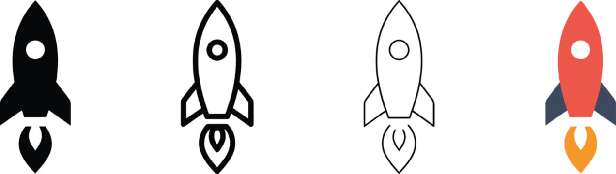 Rocket ship icon set with 4 vector elements, startup launch symbols in flat and line art styles, spaceship icons for business growth and technology projects