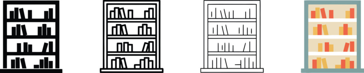 Bookshelf icon set in four styles, library bookcase vector collection, wooden shelving unit with books for education and home office design isolated on Transparent Background © Sanjida Studio