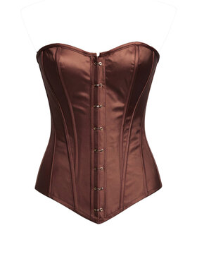 Elegant strapless satin brown waist training corset featuring sturdy metal hook and eye closures for a flattering silhouette&nbsp;&nbsp;