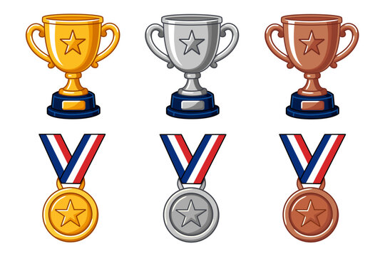 Sports And Business Awards Set Gold Silver Bronze Trophies And Medals Collection
