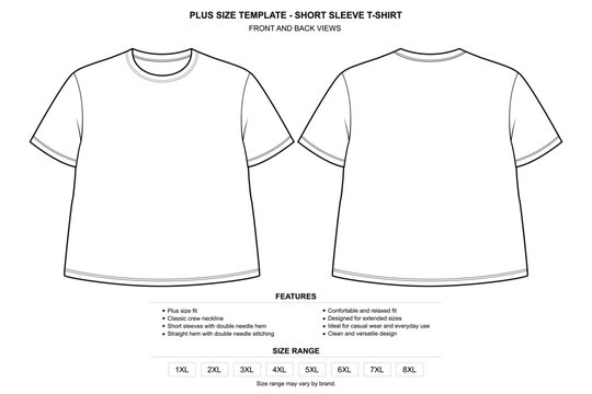 Technical fashion flat sketch of a men's plus-size T-shirt with front and back views. Features a relaxed oversized fit, classic crew neck, short sleeves, straight hem, and clean construction details. 
