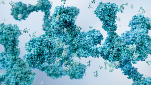 antibodies or immunoglobulin protein or enzyme Molecular structure, Chain of amino acids, biological concept, chemistry and biochemistry, DNA proteins, hydroxyproline, closeups formation, 3d render