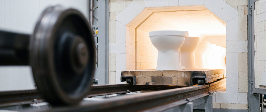 Porcelain toilet production in industrial kiln: ceramic sanitaryware manufacturing and firing process