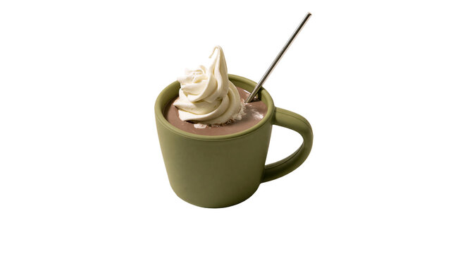 Green mug of hot chocolate with whipped cream and spoon, isolated on transparent background