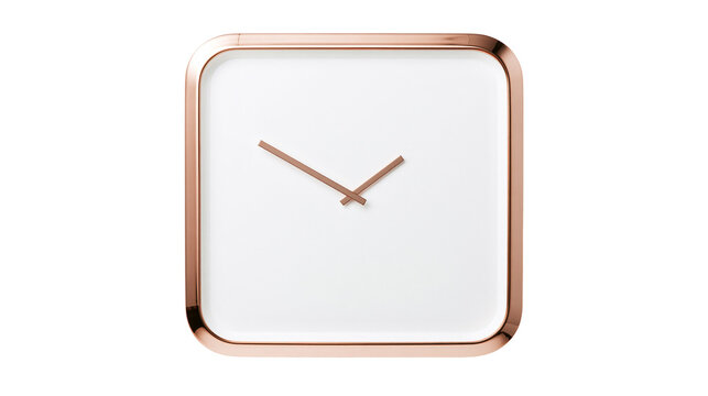Modern square wall clock with rose gold frame and white face, isolated on transparent background