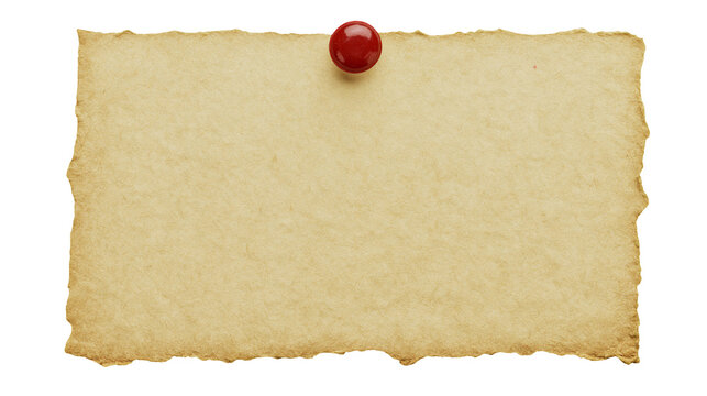 Rough textured parchment paper note secured by a red thumbtack, isolated on transparent background