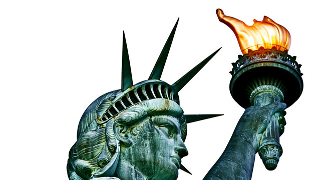 Statue of Liberty s oxidized copper face and torch flame, isolated on transparent background