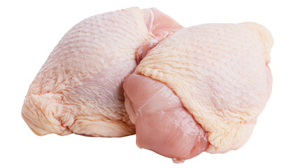 Two raw chicken thighs with skin on, isolated on transparent background © Emilia
