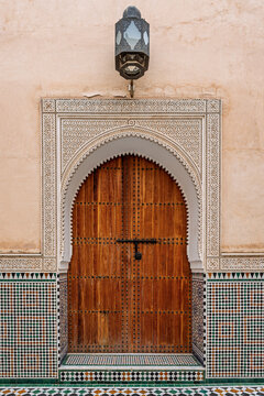 Carved Wooden Door with an Arch and Lantern at the Mausoleum of Moulay Ismail, Meknes, Morocco