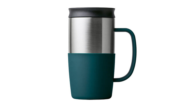 Modern stainless steel travel mug with teal silicone sleeve and black lid, isolated on transparent background